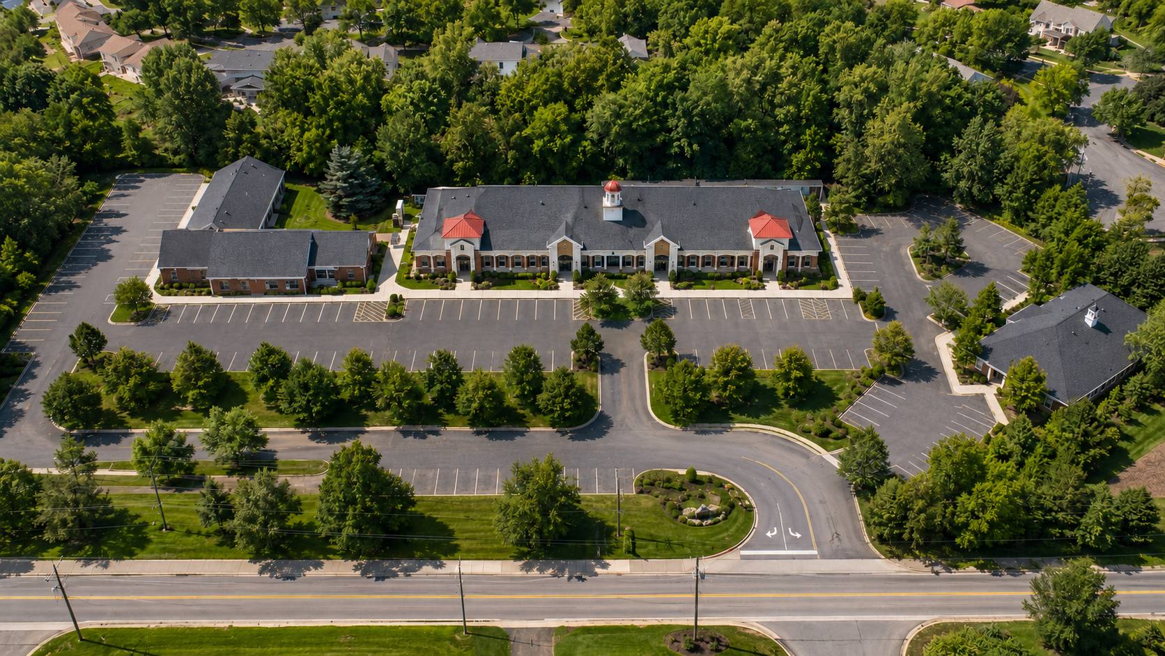 Aerial view of Lawrence Campus West and its three office buildings